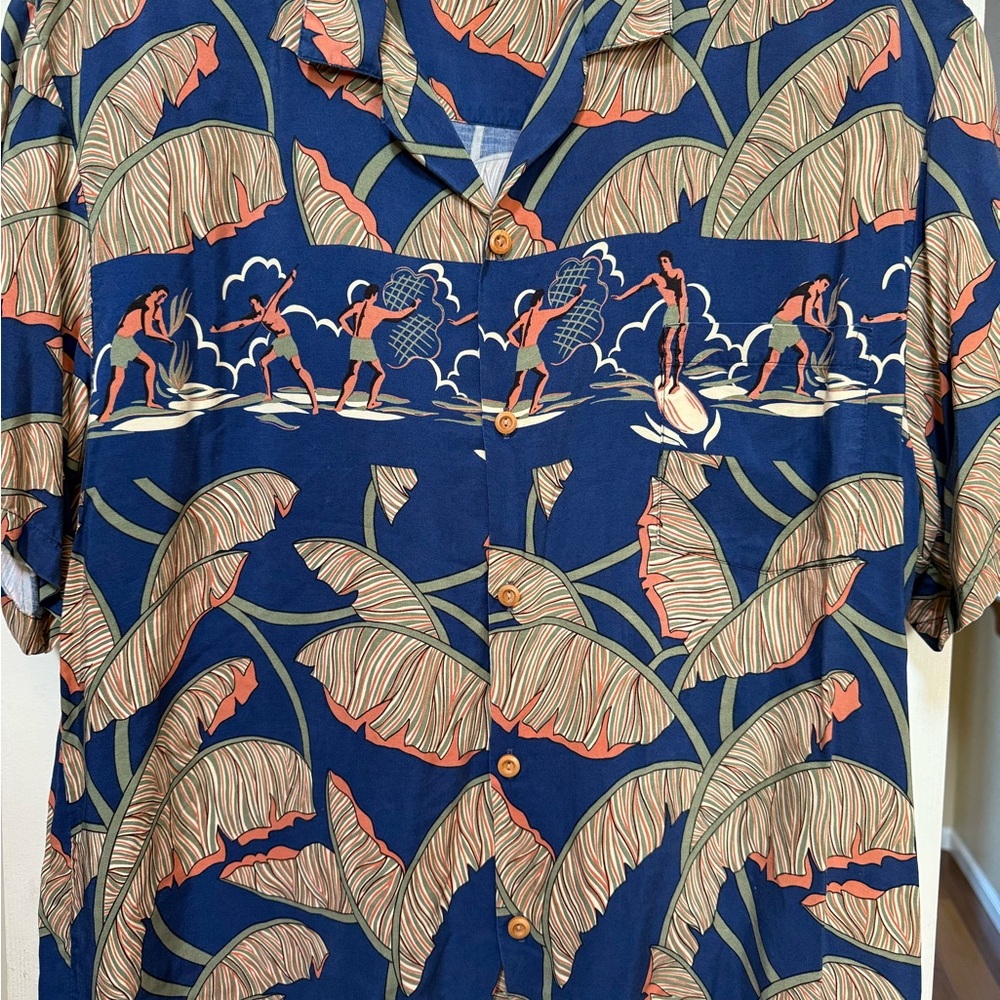 Men's Blue Tropical Hula Hawaiian Print Shirt Surf Surfing Sz Large